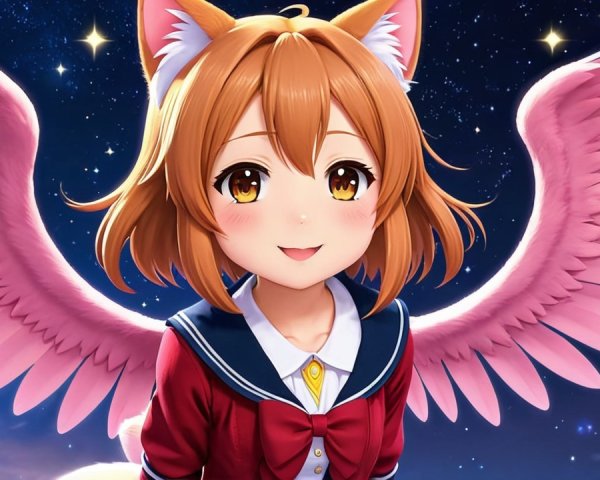 Cheerful anime character with fox ears and wings