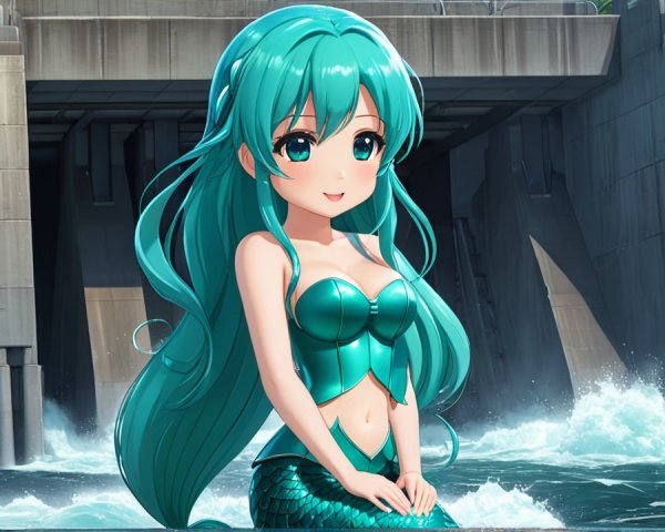 Anime-style mermaid by a dam with teal hair