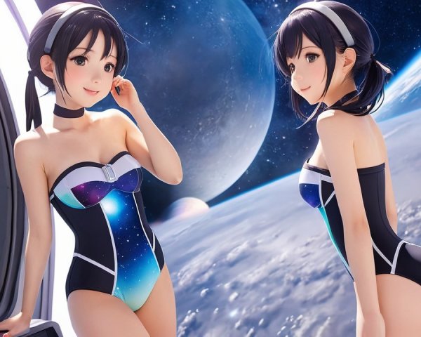 Animated Characters in Galaxy Swimsuits in Space