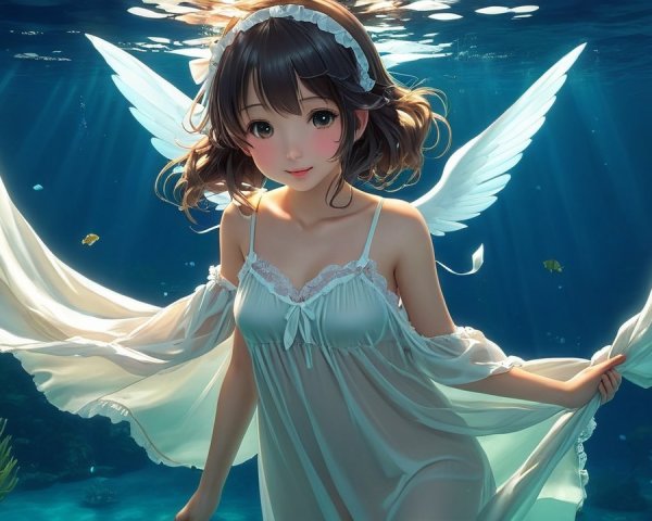 Whimsical Underwater Scene with Winged Girl