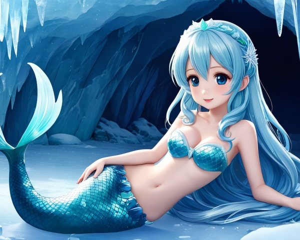 Whimsical Mermaid in Enchanting Ice Cave Setting