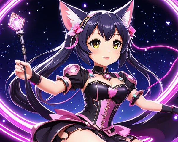 Cute anime character with cat features in magical pose