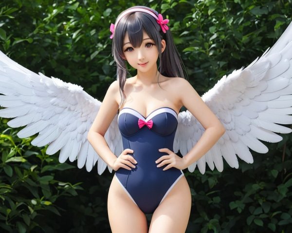 Character in Navy Swimsuit with Wings in Greenery