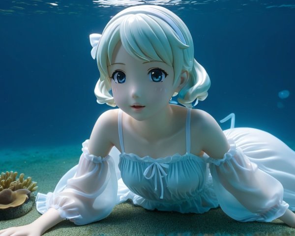 Lifelike underwater figure of a girl in white dress
