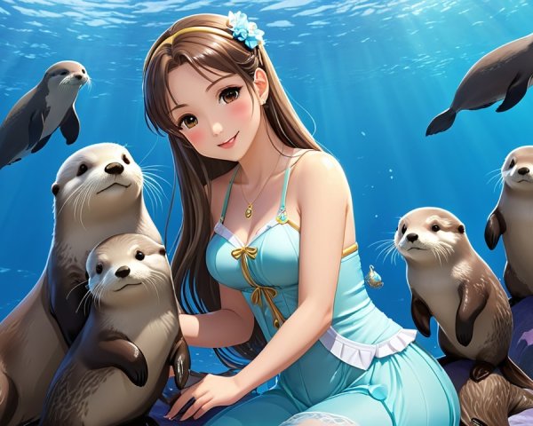 Young Woman and Playful Otters in Underwater Scene
