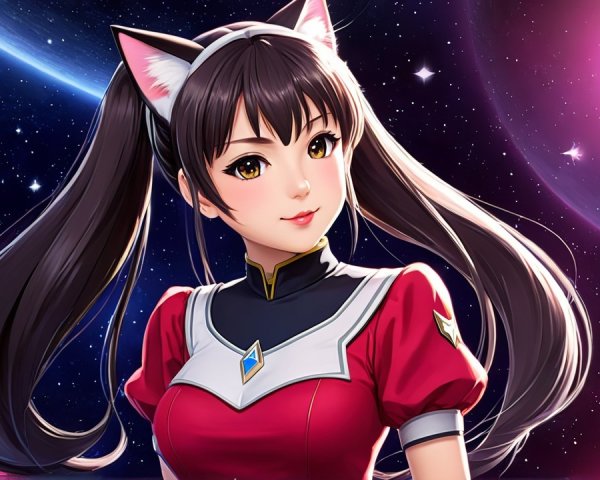 Young woman with cat ears in cosmic setting
