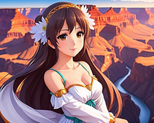 Anime Character by Canyon at Sunset with Flowers