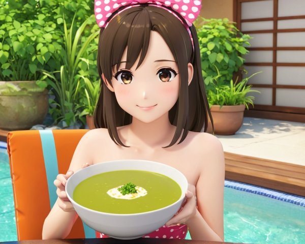 Young Woman Enjoying Green Soup by Turquoise Poolside