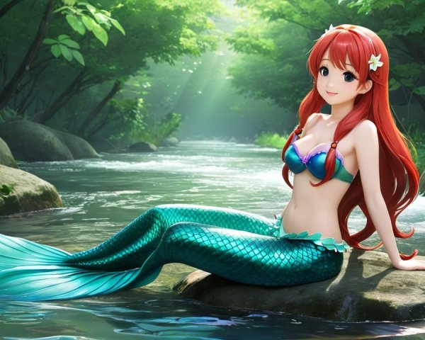 Vibrant Mermaid on Rock in Tranquil Stream Setting