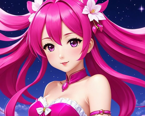 Vibrant character with pink hair and starry night sky
