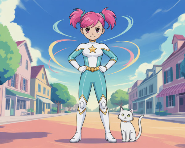 Anime City Street with Superhero Girl and Cat