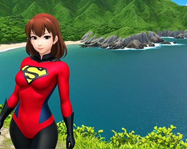 Animated superhero character on a cliff by the beach
