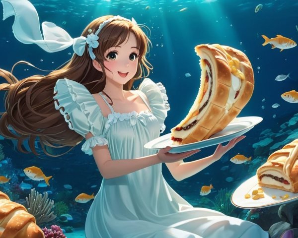 Underwater Scene with Girl and Spiral Pastry