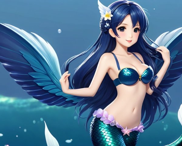 Mermaid with Dark Hair and Blue-Green Scales in Water