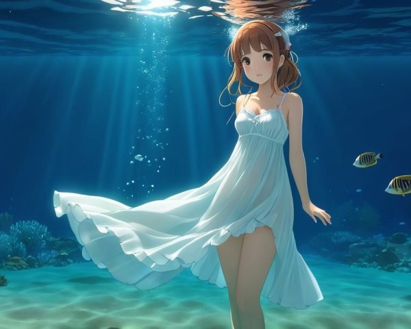 Underwater Scene of a Girl in a White Dress