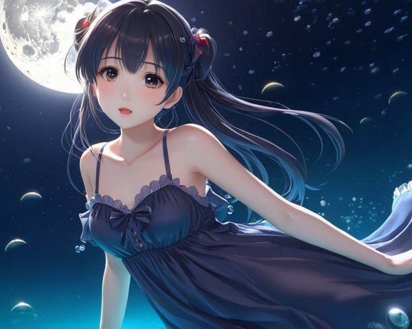 Young Woman in Dark Blue Dress Under Full Moon