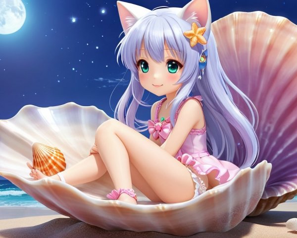 Anime girl with cat ears in seashell on beach