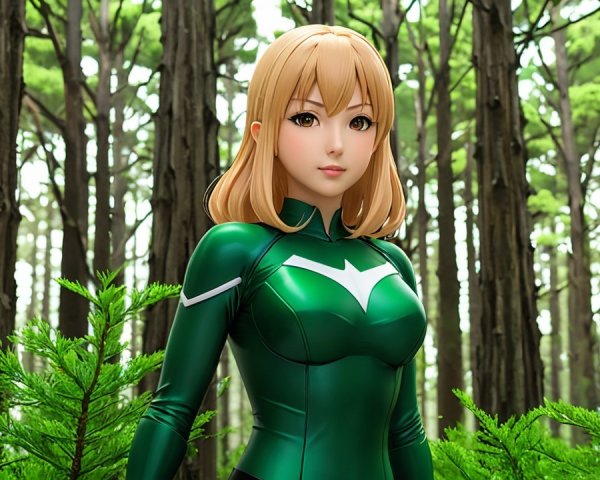 Female Character in Lush Forest with Green Outfit