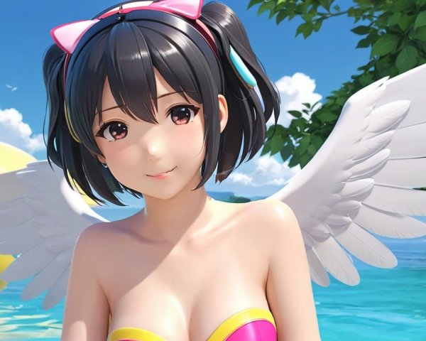 Animated girl with angel wings at a vibrant beach