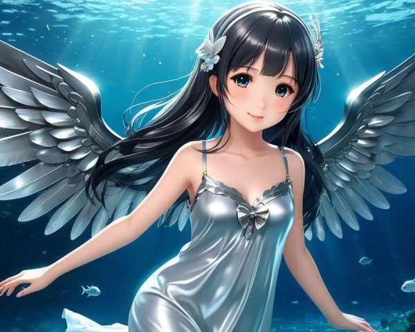 Underwater Scene with Angelic Figure and Silver Wings