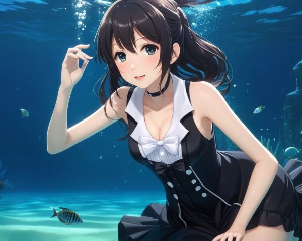 Underwater Scene with Girl in Black Dress and Coral