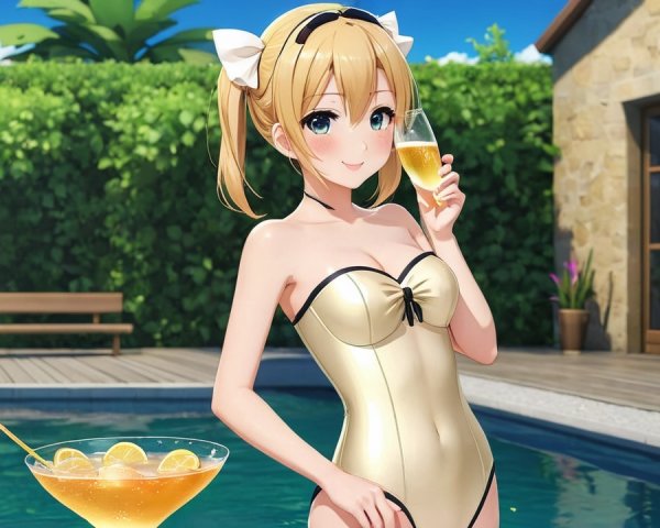 Cheerful Character by Sparkling Pool in Gold Swimsuit