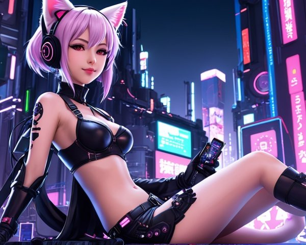 Futuristic Cyberpunk Scene with Pink-Haired Character