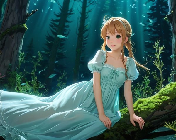 Young girl in blue dress in serene underwater scene
