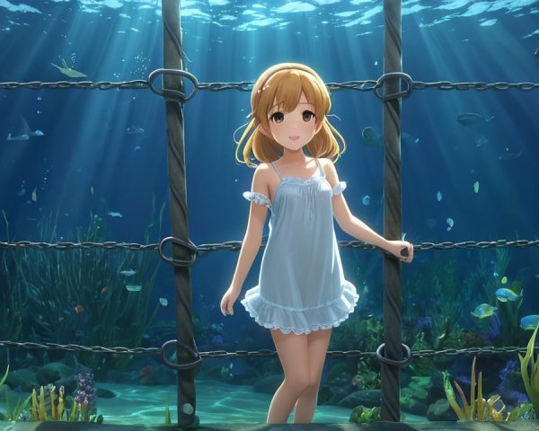 Underwater Scene with Young Girl and Aquatic Life