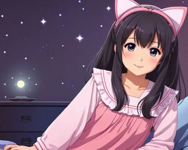 Cheerful anime girl in cozy bedroom with moonlight