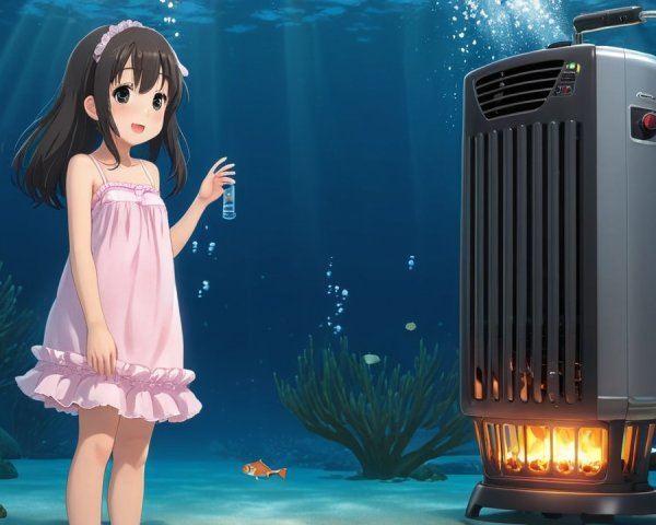 Young girl underwater with test tube and heater