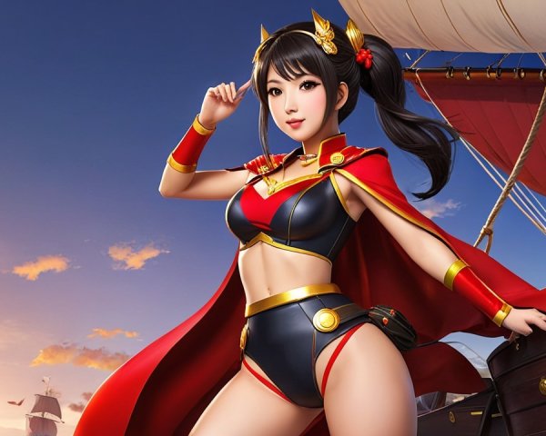 Confident Female Character on Ship at Sunset