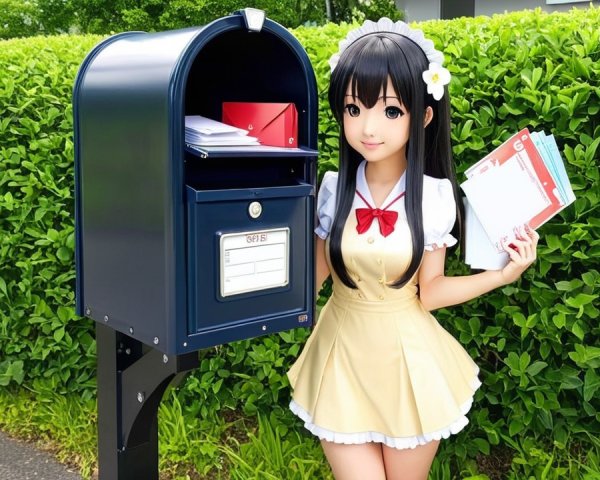 Young woman in maid outfit by blue mailbox with letters