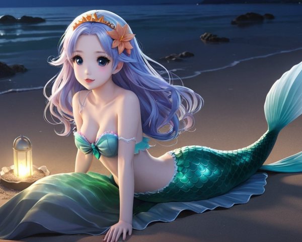 Mermaid with Lavender Hair on a Dusk Beach
