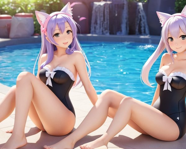 Animated Characters by Blue Pool in Stylish Swimsuits
