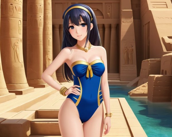 Stylish Woman in Blue and Gold Swimsuit by Egypt's Architecture