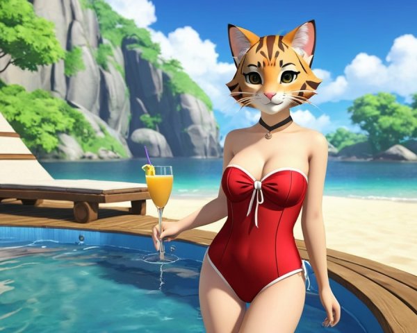 Whimsical Poolside Scene with Tiger Mask and Drink