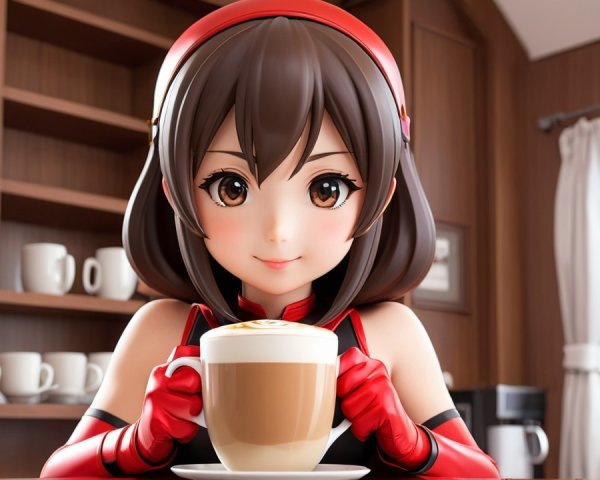 Cheerful anime character enjoying latte in cozy cafe