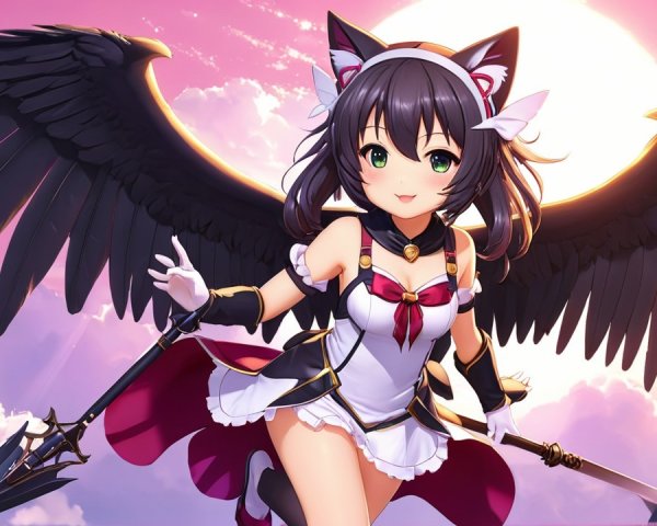 Anime Character with Cat Ears and Feathered Wings
