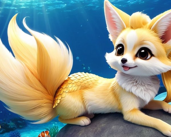 Whimsical Fox-Mermaid Creature in Colorful Coral Scene