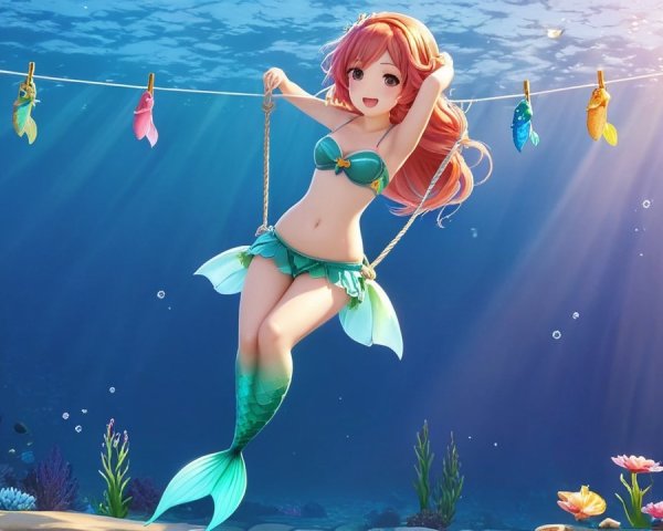 Vibrant Underwater Scene with Cheerful Mermaid