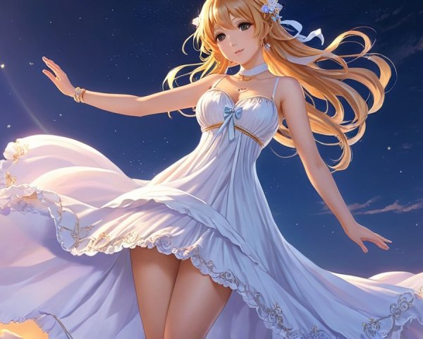 Character in White Dress Against Twilight Sky