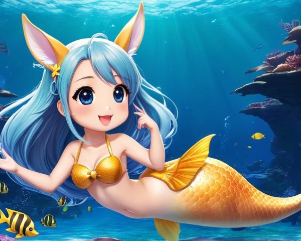 Cheerful animated mermaid in vibrant underwater scene
