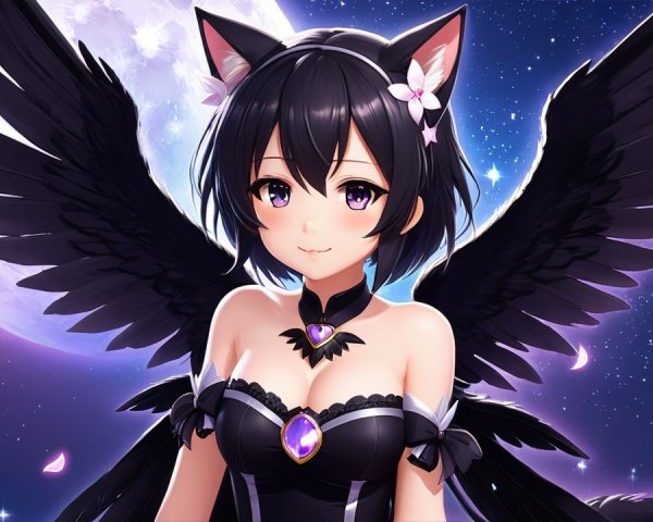Anime Character with Cat Ears and Dark Wings