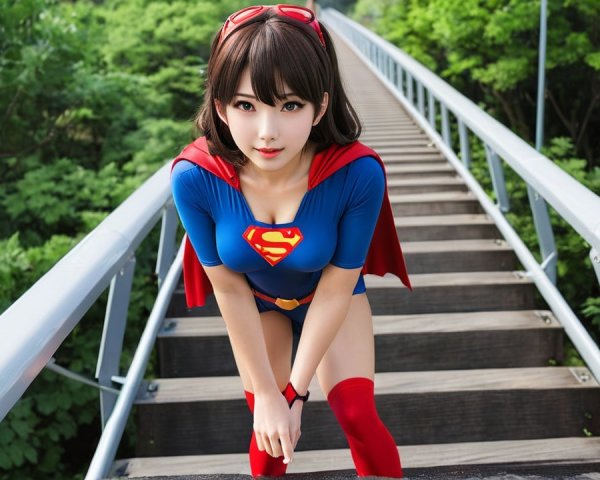 Young Woman in Superhero Costume on Staircase
