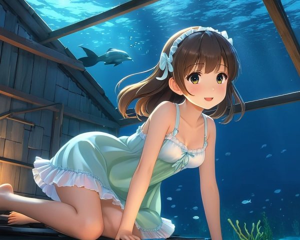 Cheerful girl in nightgown exploring underwater scene