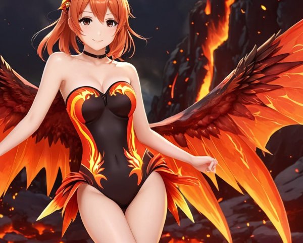 Character with Flame-Inspired Wings and Black Outfit