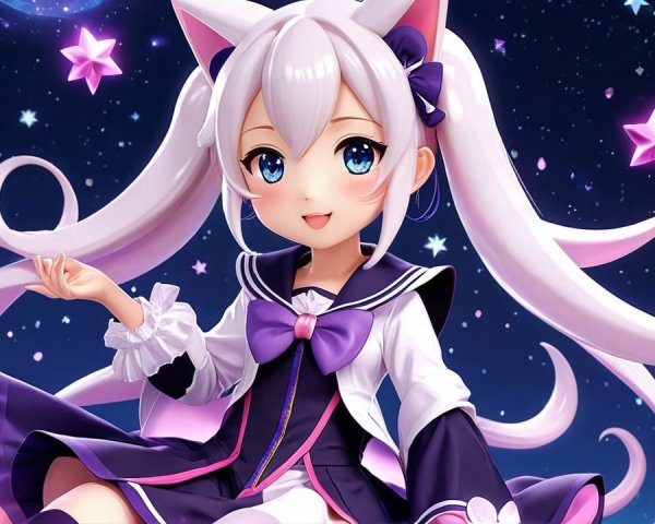 Cute Animated Character with Silver Hair and Cat Ears
