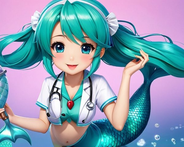 Vibrant Mermaid with Aqua Hair and Ice Cream Cone
