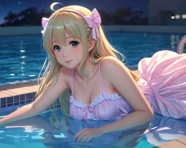 Young woman in pink dress by a starry poolside